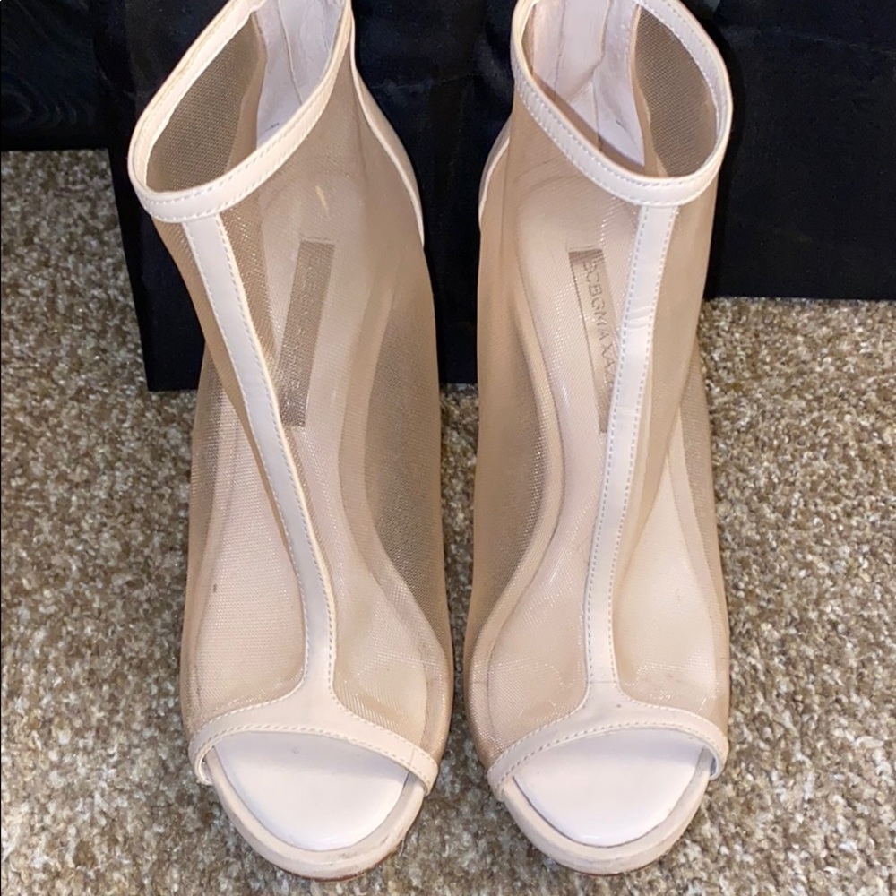 BCBGMAXAZRIA Nude Mesh Open-Toe Heels